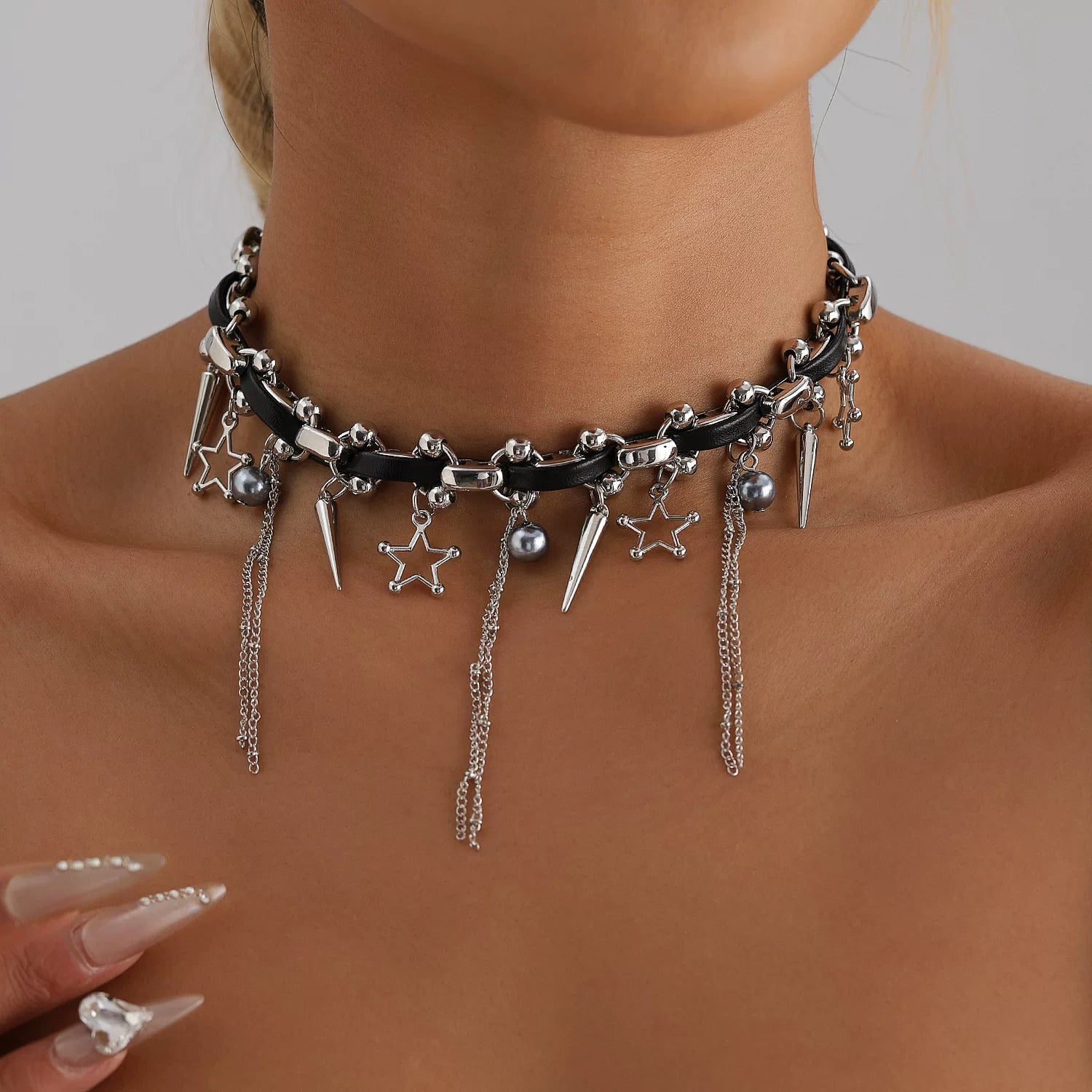 Punk Pentagram Fringe Leather Rope Collarbone Chain Necklace | Heavy Metal Goth | Sweet Cool Babe Dark | Niche Women