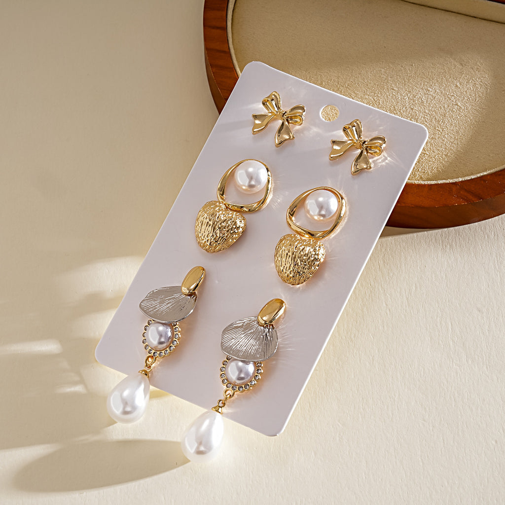 ZAMA DUMA ten-piece set retro pearl metal pleated bow silver needle earrings cross-border niche personalized fashion earrings