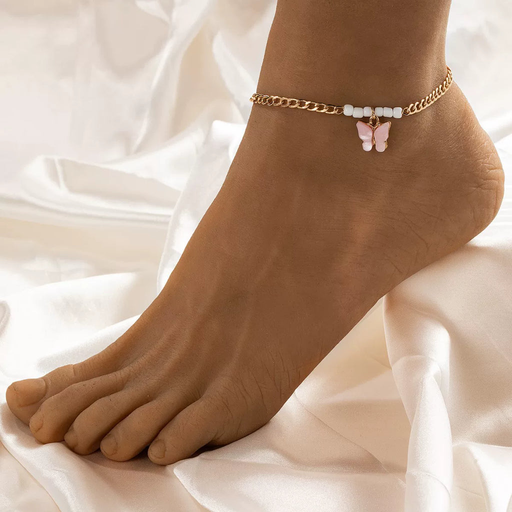 Mixed Elements Butterfly Beaded Metal Chain Adjustable Anklet Bracelet | Alloy Multi-material | Fresh Niche | Vacation Women