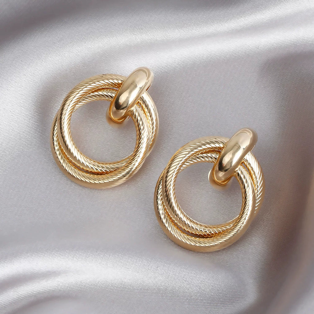 French Retro Gold Double Ring Earrings | Metal Alloy | Exaggerated Geometric Texture Niche | Sculptural High-End Fashion Women