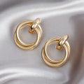 French Retro Gold Double Ring Earrings | Metal Alloy | Exaggerated Geometric Texture Niche | Sculptural High-End Fashion Women