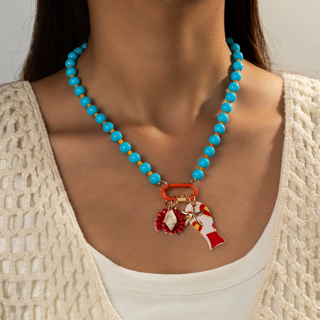 Vibrant Enamel Layered Marine life Multi Pendant Beaded Layered Ocean Necklace | Colorful Mixed tone zinc Alloy | Retro Niche Light Luxury| Collarbone Stackable Chain French chic Raw Dopamine | Gift for her