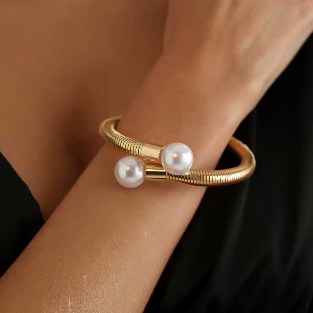 Retro snake bone chain pearl collar bracelet exaggerated double bead design metal splicing elegant high-end minimalist light luxury