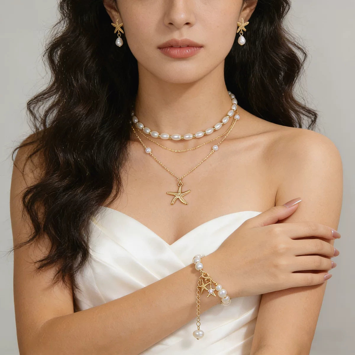 Ocean Starfish Pearl Shell Earrings Necklace Set | Alloy | Summer Beach Vacation Coastal | Holiday Fashion Women