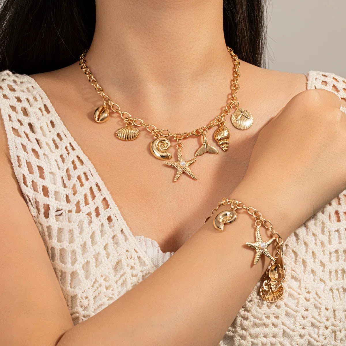 Ocean Starfish Shell Scallop Mermaid Fringe Adjustable Bracelet | Alloy | Coastal Beach Vacation | Holiday Fashion Women