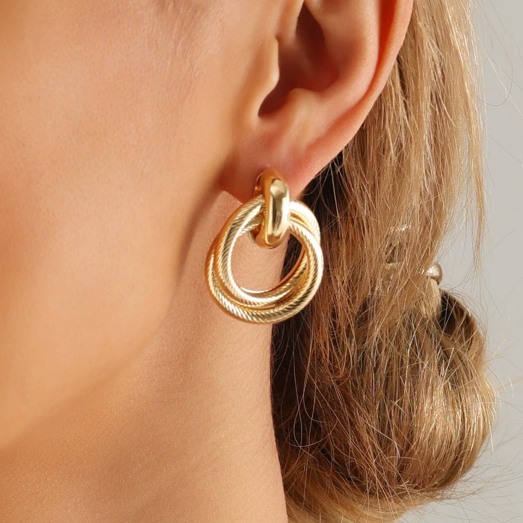 French Retro Gold Double Ring Earrings | Metal Alloy | Exaggerated Geometric Texture Niche | Sculptural High-End Fashion Women