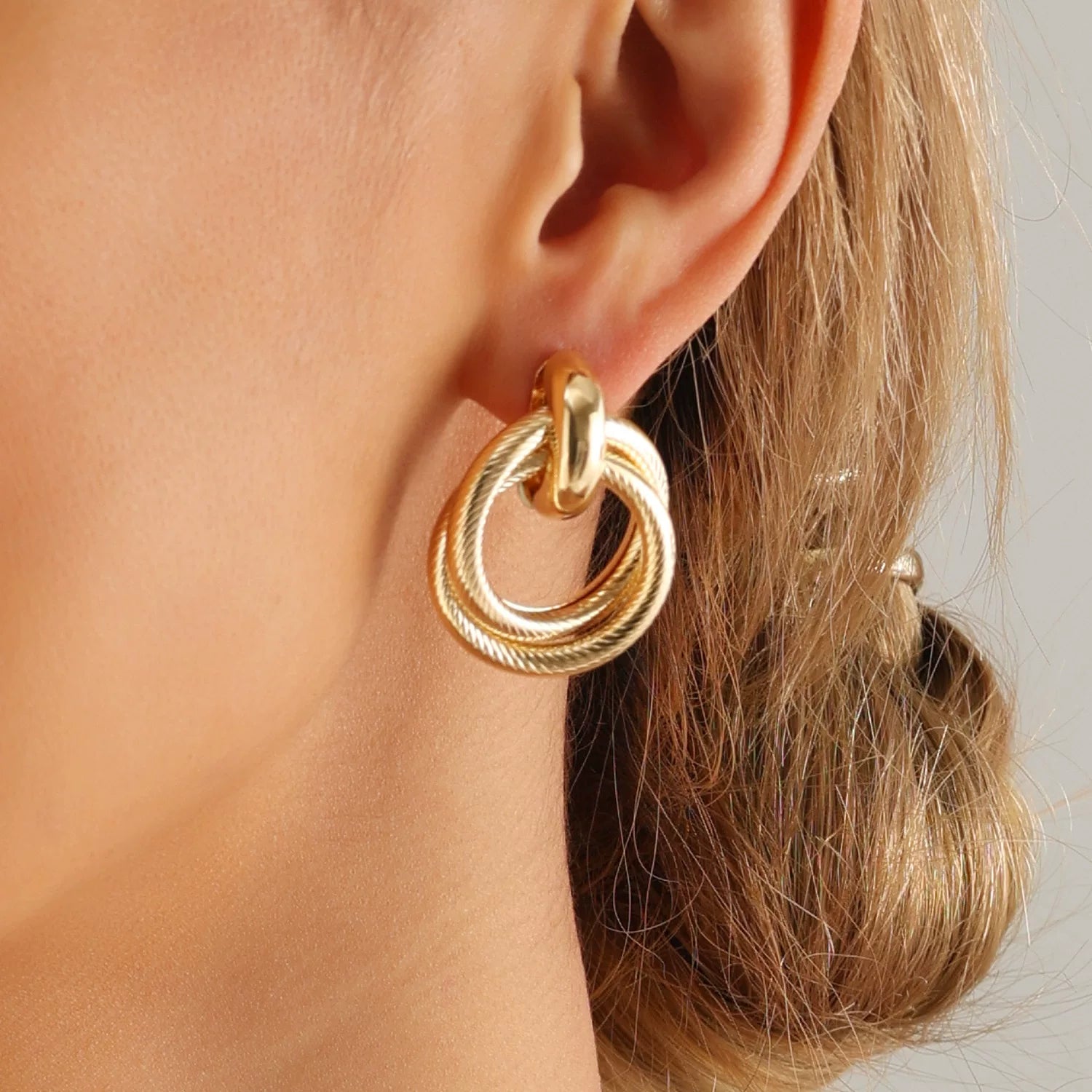 French Retro Gold Double Ring Earrings | Metal Alloy | Exaggerated Geometric Texture Niche | Sculptural High-End Fashion Women