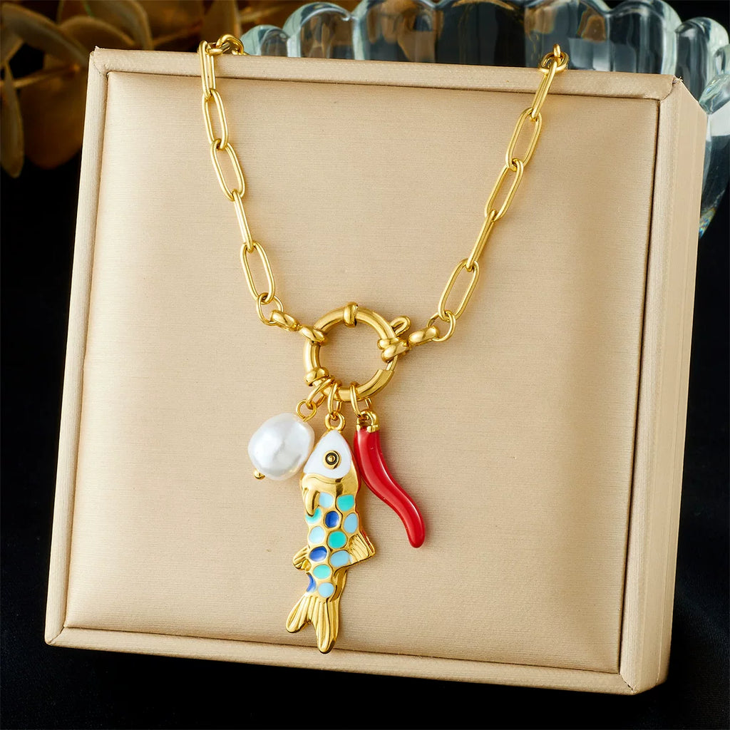 Ocean vacation color dripping small fish pendant imitation pearl pepper alloy spring buckle necklace conflict aesthetic jewelry