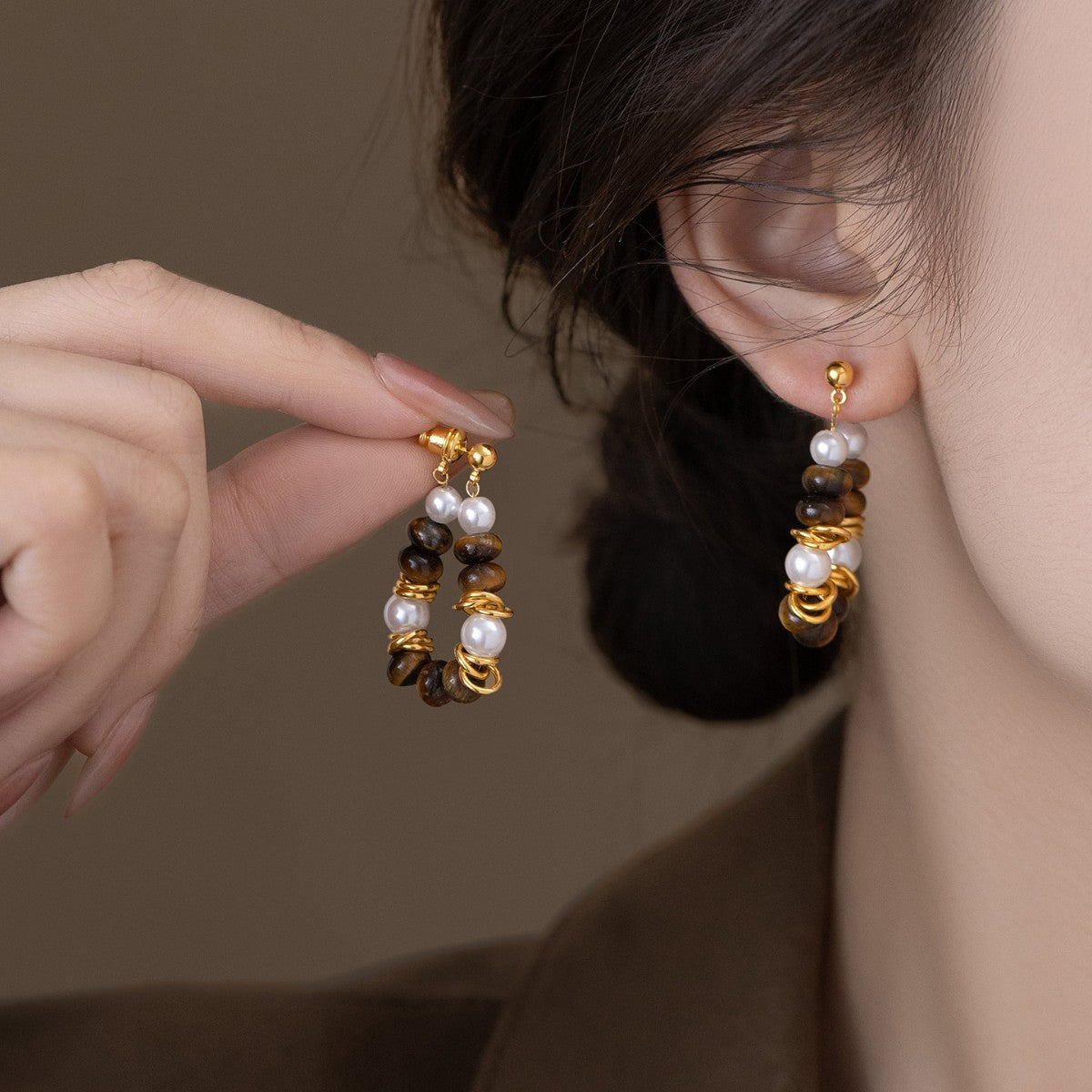 ZAMA DUMA Maillard Tiger's eye stone beaded pearl stud earrings retro temperament high-end earrings light luxury niche daily earrings women