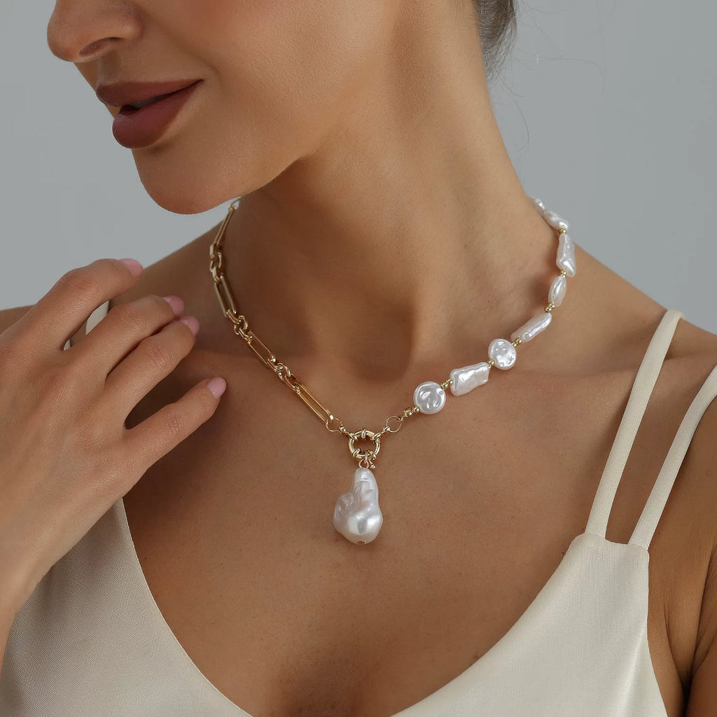 Vintage irregular baroque pearl accented metal necklace, long chain with ring clasp minimalist elegance, light luxury, personalized necklace, commuter vacation everyday style