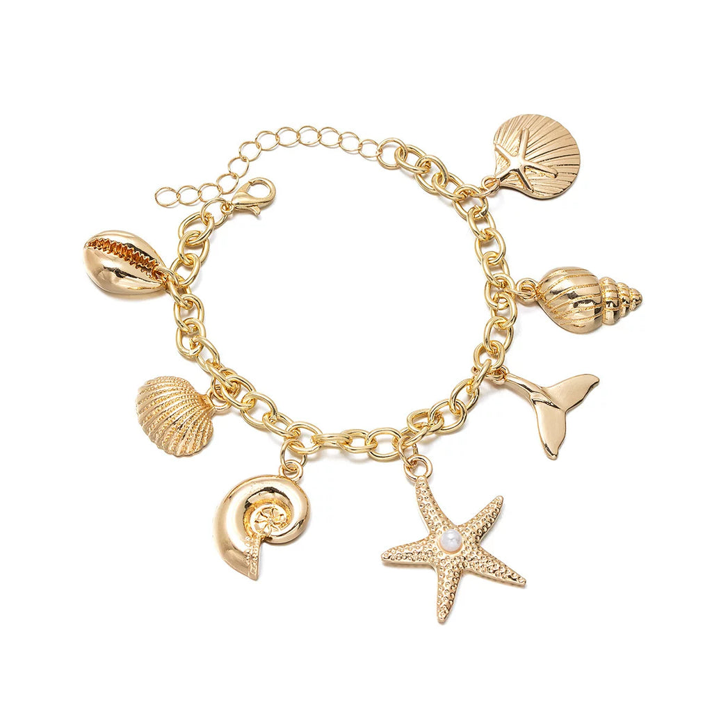 Ocean Starfish Shell Scallop Mermaid Fringe Adjustable Bracelet | Alloy | Coastal Beach Vacation | Holiday Fashion Women