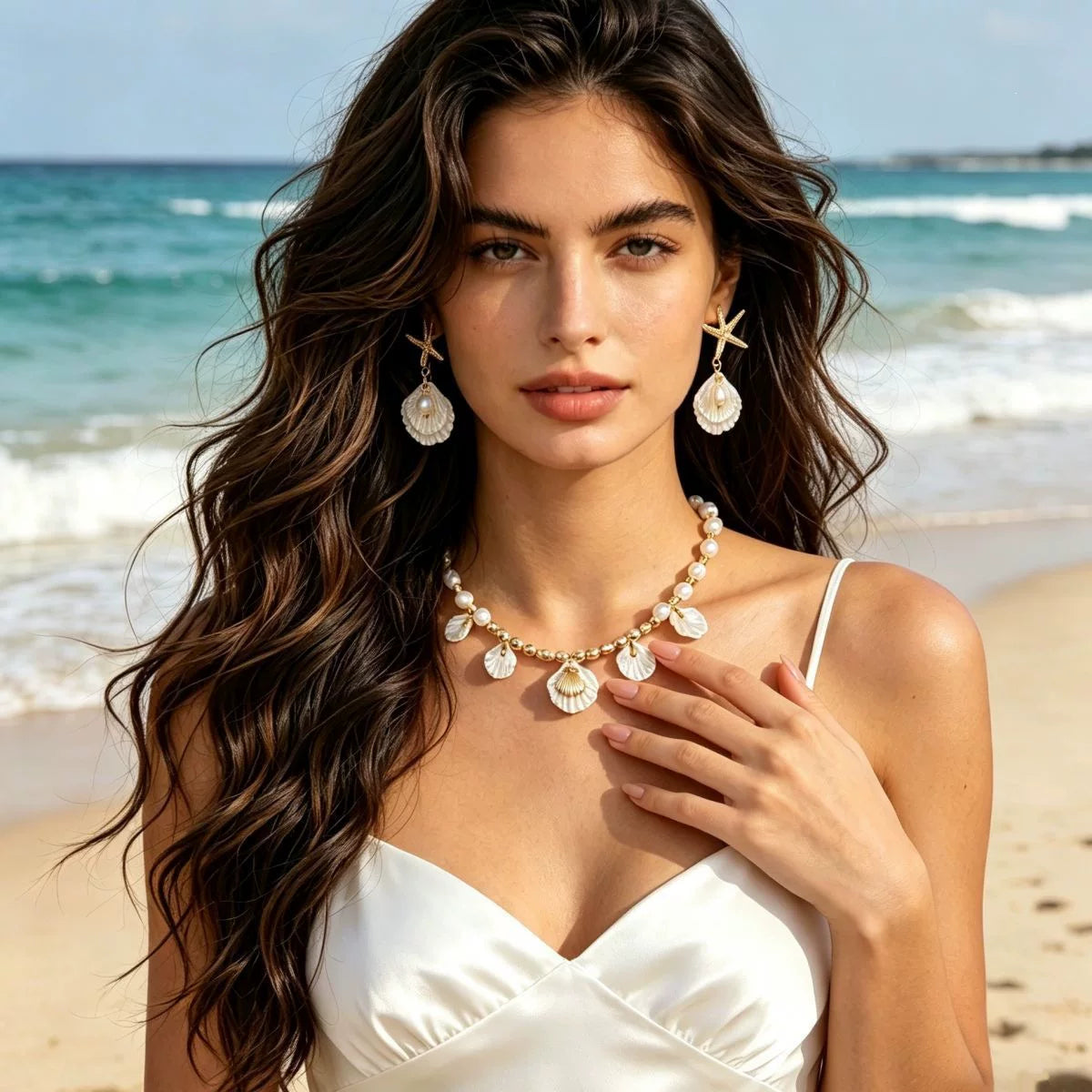 Ocean Starfish Pearl Shell Earrings Necklace Set | Alloy | Summer Beach Vacation Coastal | Holiday Fashion Women