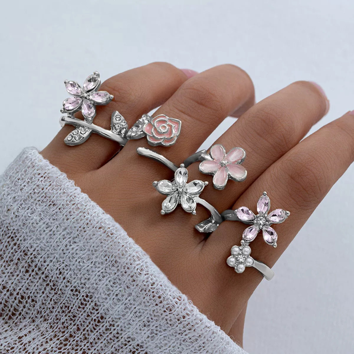Easyjoy Fresh Wind ABS Imitation Pearl Cute Flower Long Tassel Ladies Commuter Temperament Elegant Earrings Ring