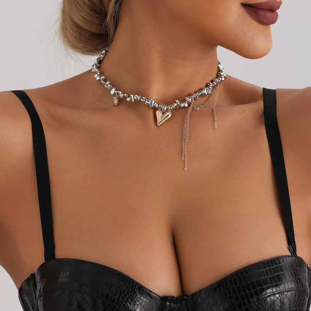 Mixed Elements alloy heart Fringe Beaded Collarbone Chain Necklace | Mixed Metal Zinc Alloy Multi-material | INS Niche Design Sense | Fashion Light Luxury Women