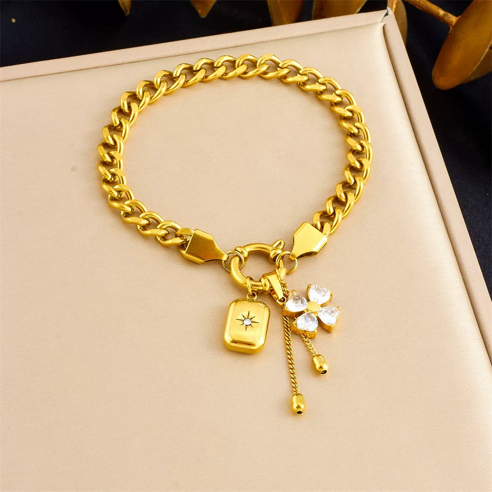 Diamond Flower Mango Star Square Pendant Fringe Chain Jewelry Set | Stainless Steel | Sweet Cool Niche | Fashion Women