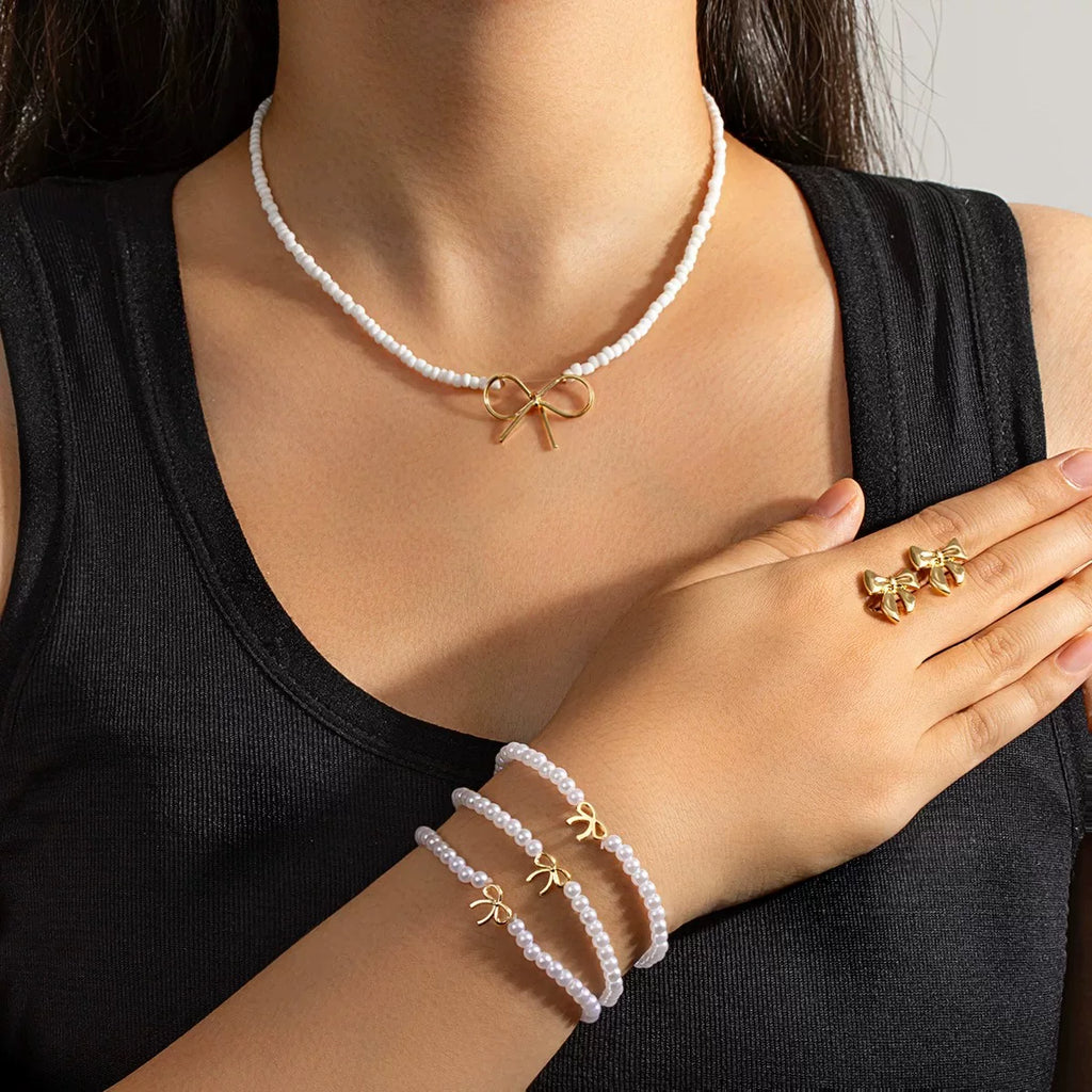 Pearl Glossy Bow Series Cold Style Jewelry Set | KC Gold Multi-material | Old Money Exquisite Niche | Light Luxury gift for her