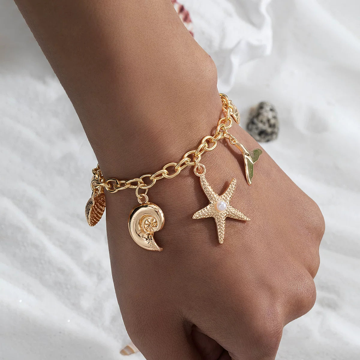 Ocean Starfish Shell Scallop Mermaid Fringe Adjustable Bracelet | Alloy | Coastal Beach Vacation | Holiday Fashion Women