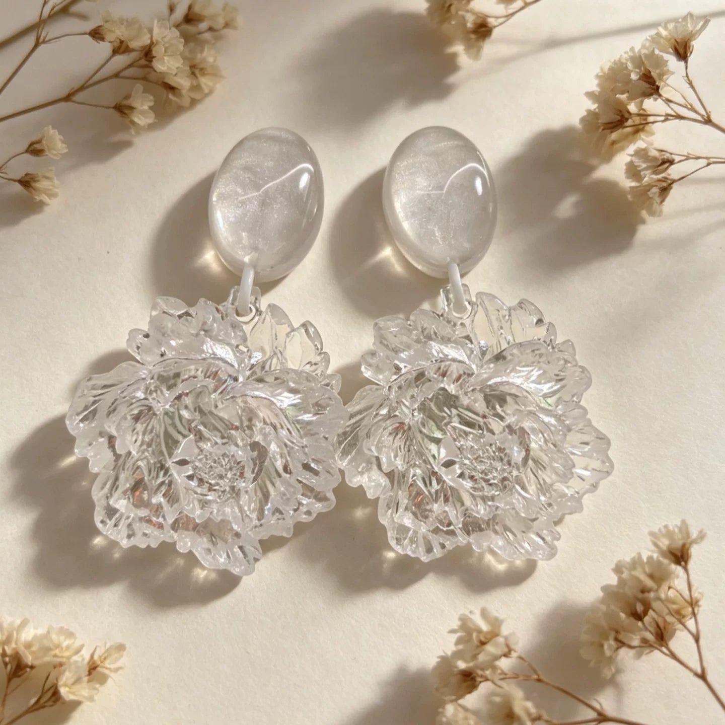 Ice clear Camellia Earrings Three-dimensional Resin Waterproof Flower Earrings Premium Silver Needle Earrings Light Luxury Daily wear statement Vacation