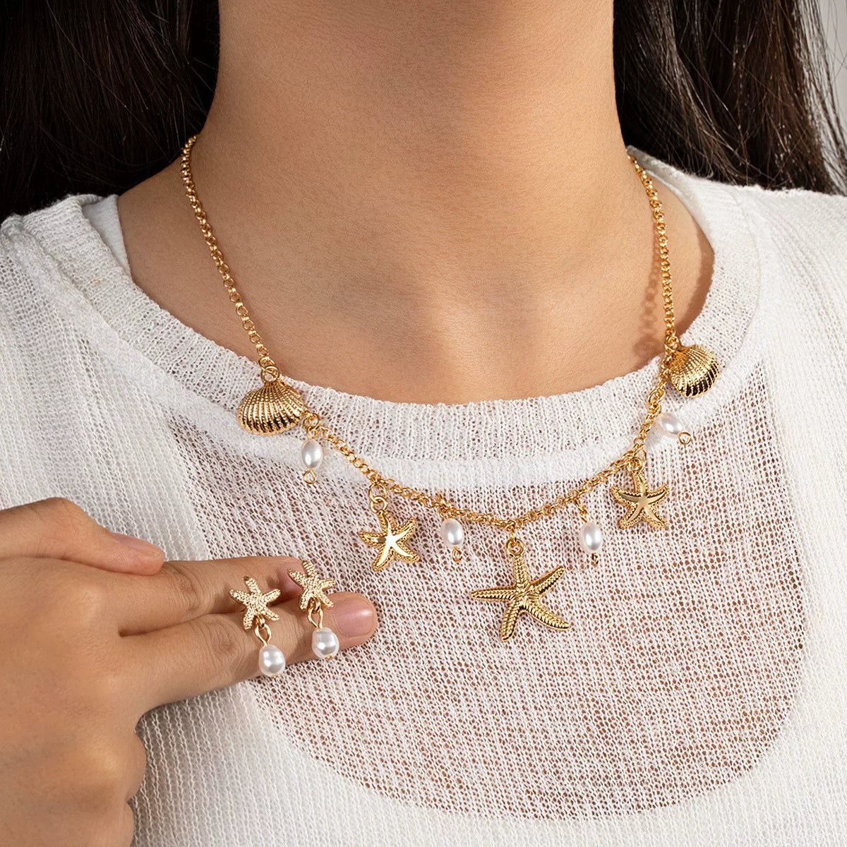 Ocean Starfish Pearl Shell Earrings Necklace Set | Alloy | Summer Beach Vacation Coastal | Holiday Fashion Women