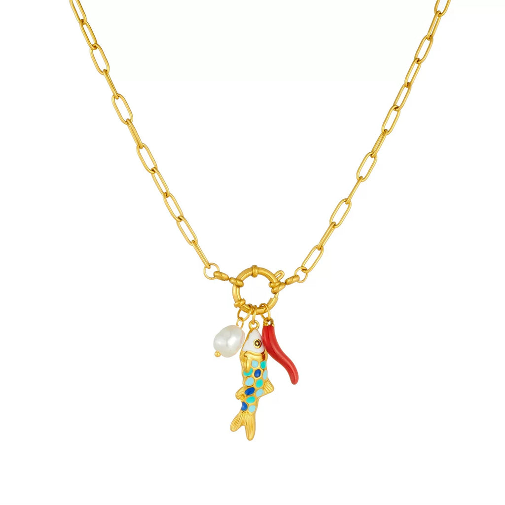 Ocean vacation color dripping small fish pendant imitation pearl pepper alloy spring buckle necklace conflict aesthetic jewelry