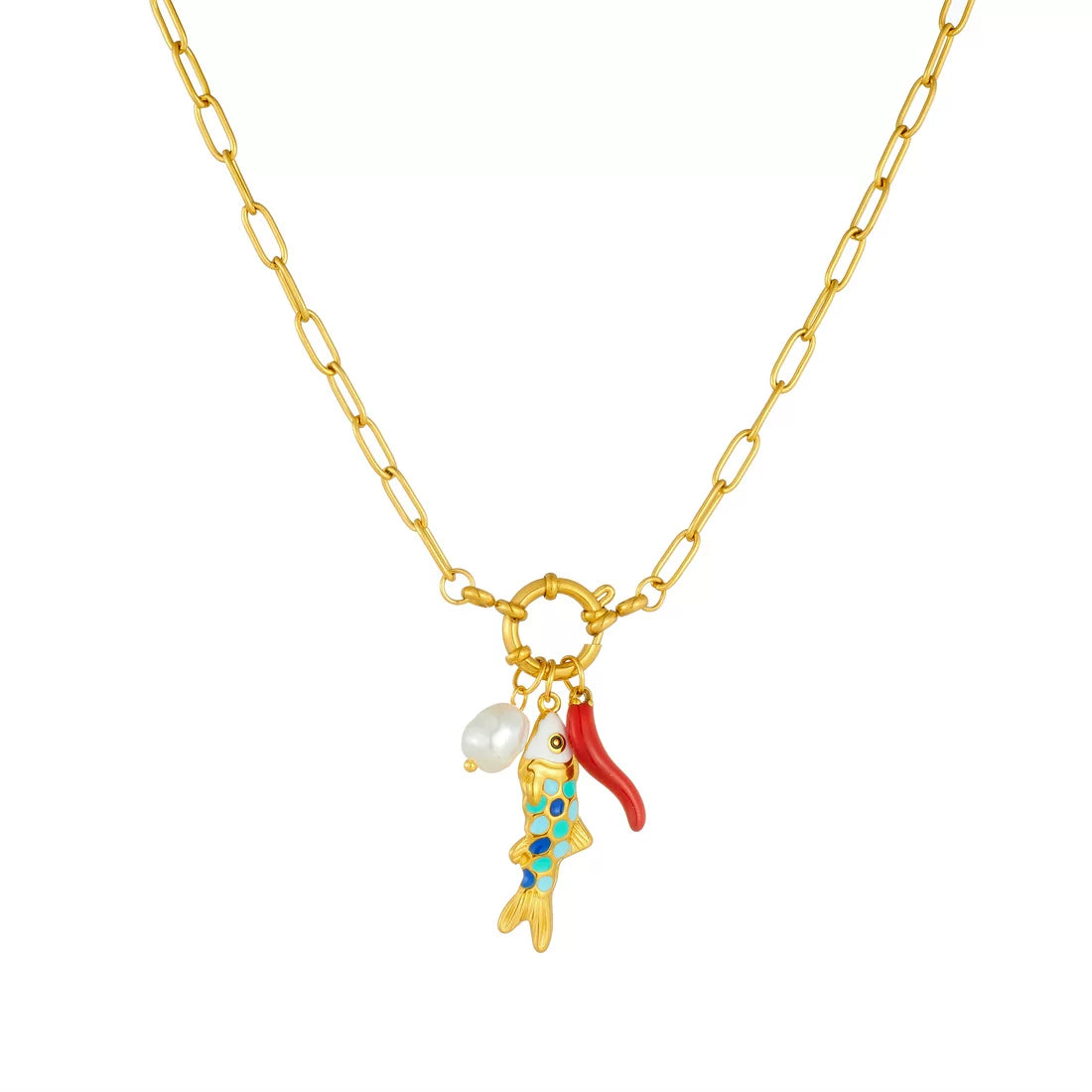 Ocean vacation color dripping small fish pendant imitation pearl pepper alloy spring buckle necklace conflict aesthetic jewelry