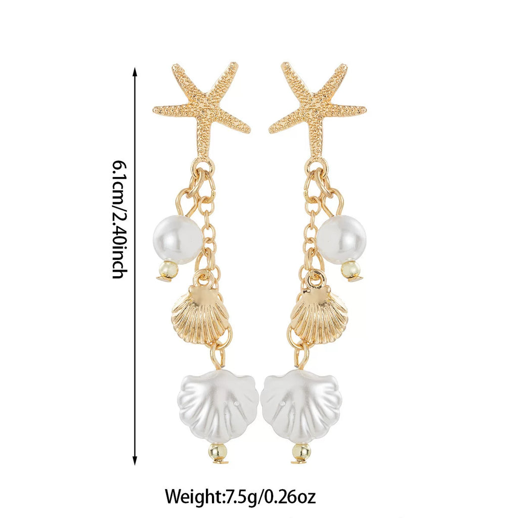 Ocean Starfish Pearl Shell Earrings Necklace Set | Alloy | Summer Beach Vacation Coastal | Holiday Fashion Women