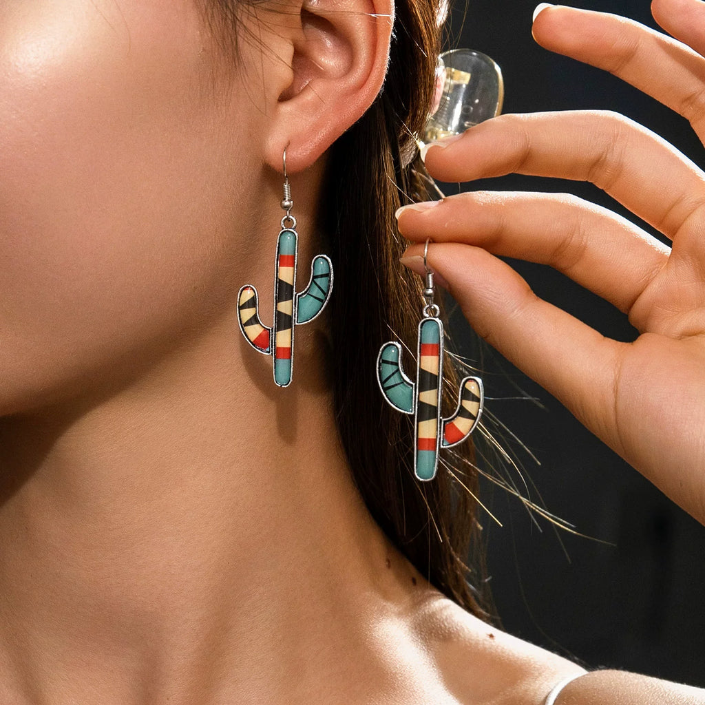Floral Cactus Antique Silver Flower Pendant Earrings | Alloy | Retro Ethnic Niche | Daily Commute Vacation Women
