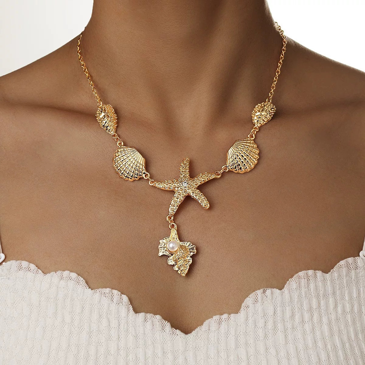 Ocean Starfish Pearl Shell Earrings Necklace Set | Alloy | Summer Beach Vacation Coastal | Holiday Fashion Women