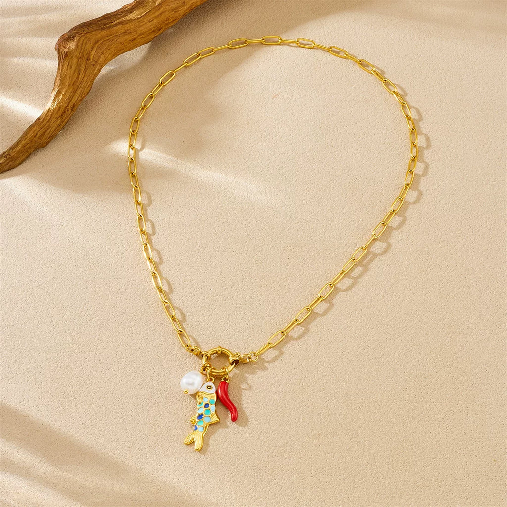 Ocean vacation color dripping small fish pendant imitation pearl pepper alloy spring buckle necklace conflict aesthetic jewelry