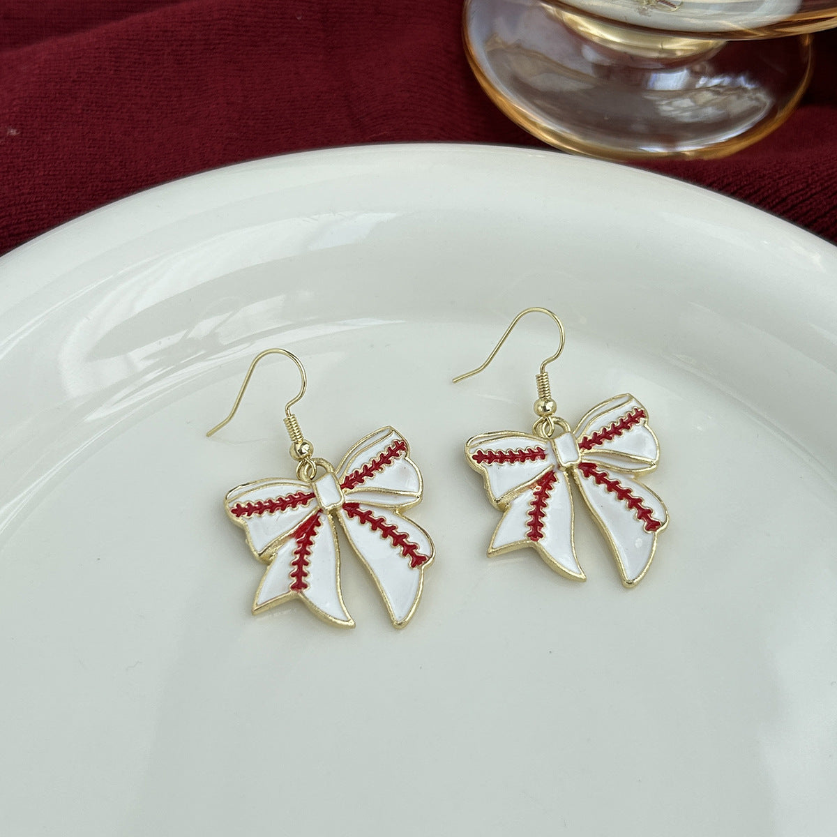 ZAMA DUMA sports competition baseball elements bow love long tassel red stripe creative design trend earrings