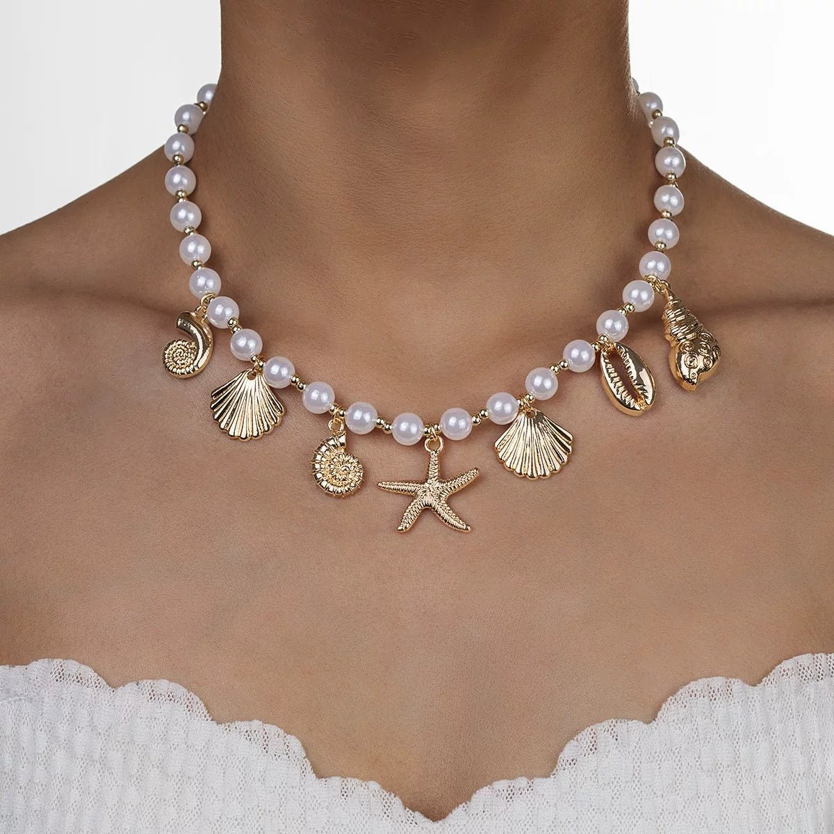 Ocean Starfish Pearl Shell Earrings Necklace Set | Alloy | Summer Beach Vacation Coastal | Holiday Fashion Women