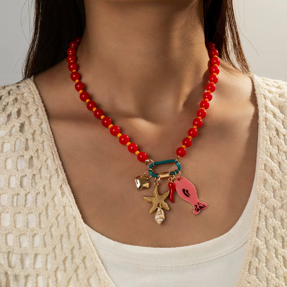 Vibrant Enamel Layered Marine life Multi Pendant Beaded Layered Ocean Necklace | Colorful Mixed tone zinc Alloy | Retro Niche Light Luxury| Collarbone Stackable Chain French chic Raw Dopamine | Gift for her