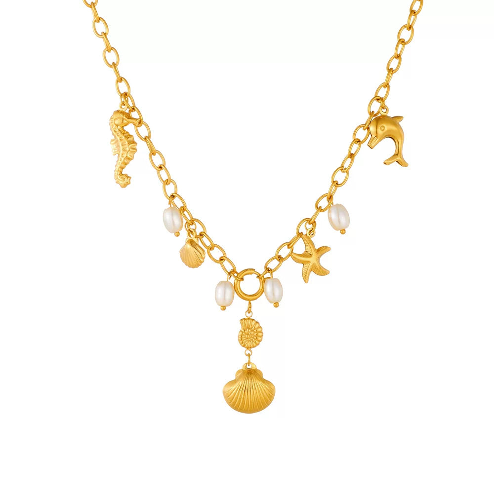 Ocean Gold Starfish Seahorse Shell Design Necklace | French chic |Stainless Steel Tarnish Free Chain | Coastal Niche | Waterproof necklace | Stackable Beach Vacation Summer