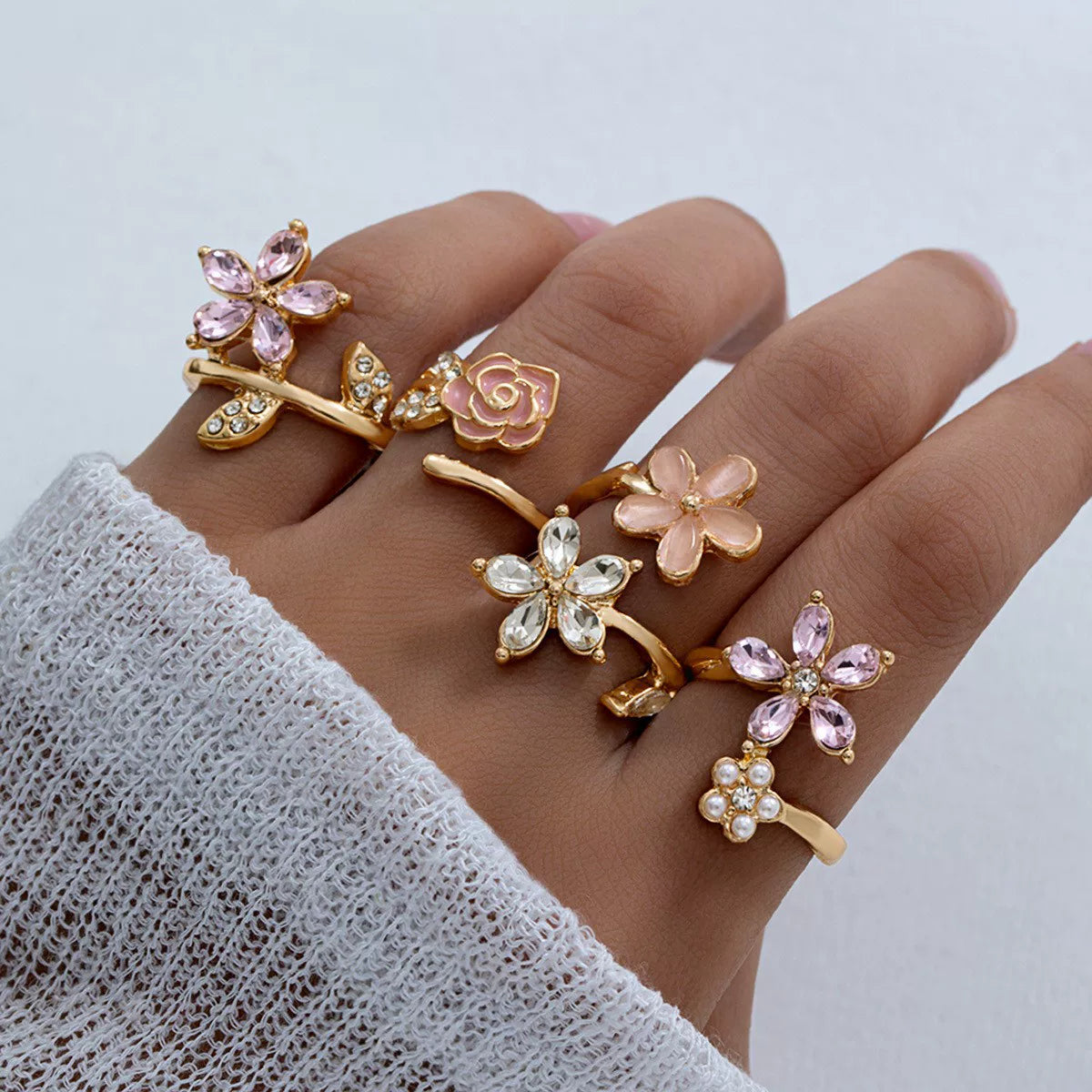 Easyjoy Fresh Wind ABS Imitation Pearl Cute Flower Long Tassel Ladies Commuter Temperament Elegant Earrings Ring