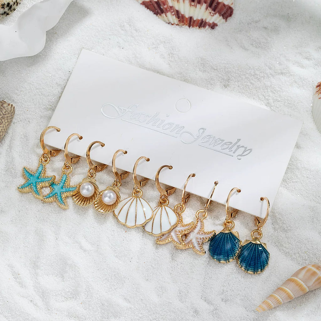 Ocean Starfish Shell Scallop Pearl Earrings Pendant Multi-piece Set | Alloy | Coastal Beach Vacation | Holiday Fashion Women