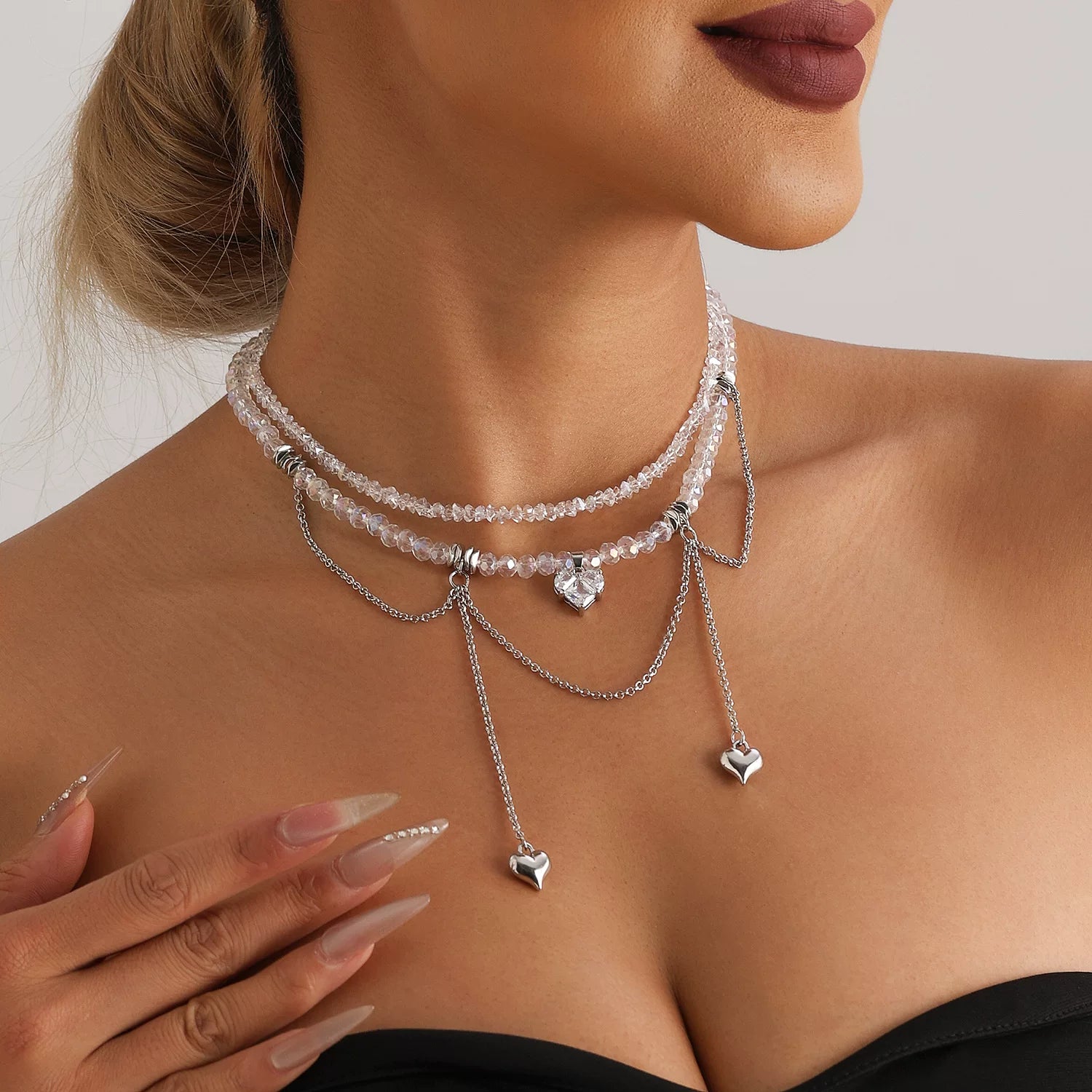 Mixed Elements metal heart pendant Zircon CZ Double Chain Tassel Necklace | Gold Alloy | INS Light Luxury Premium Multi-material | Collarbone Chain Women