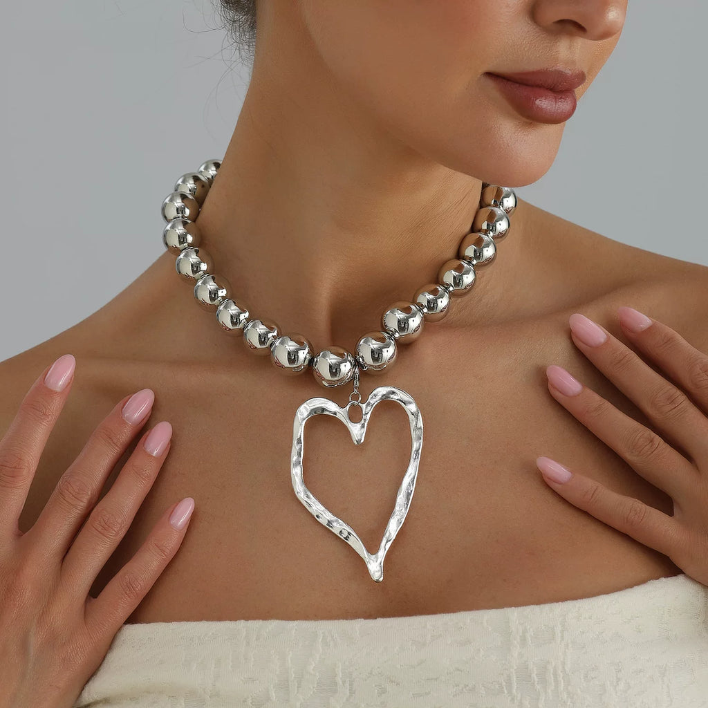 large oversized Metal Beads Alloy Big Love Pendant Necklace Silver Metal cool tone sculptural Versatile Daily bold statement jewelry