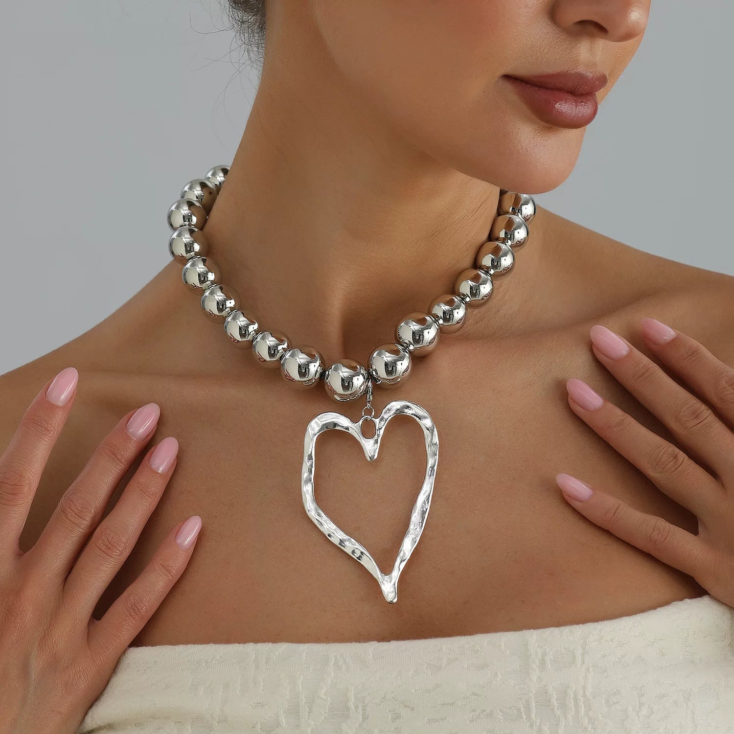 large oversized Metal Beads Alloy Big Love Pendant Necklace Silver Metal cool tone sculptural Versatile Daily bold statement jewelry