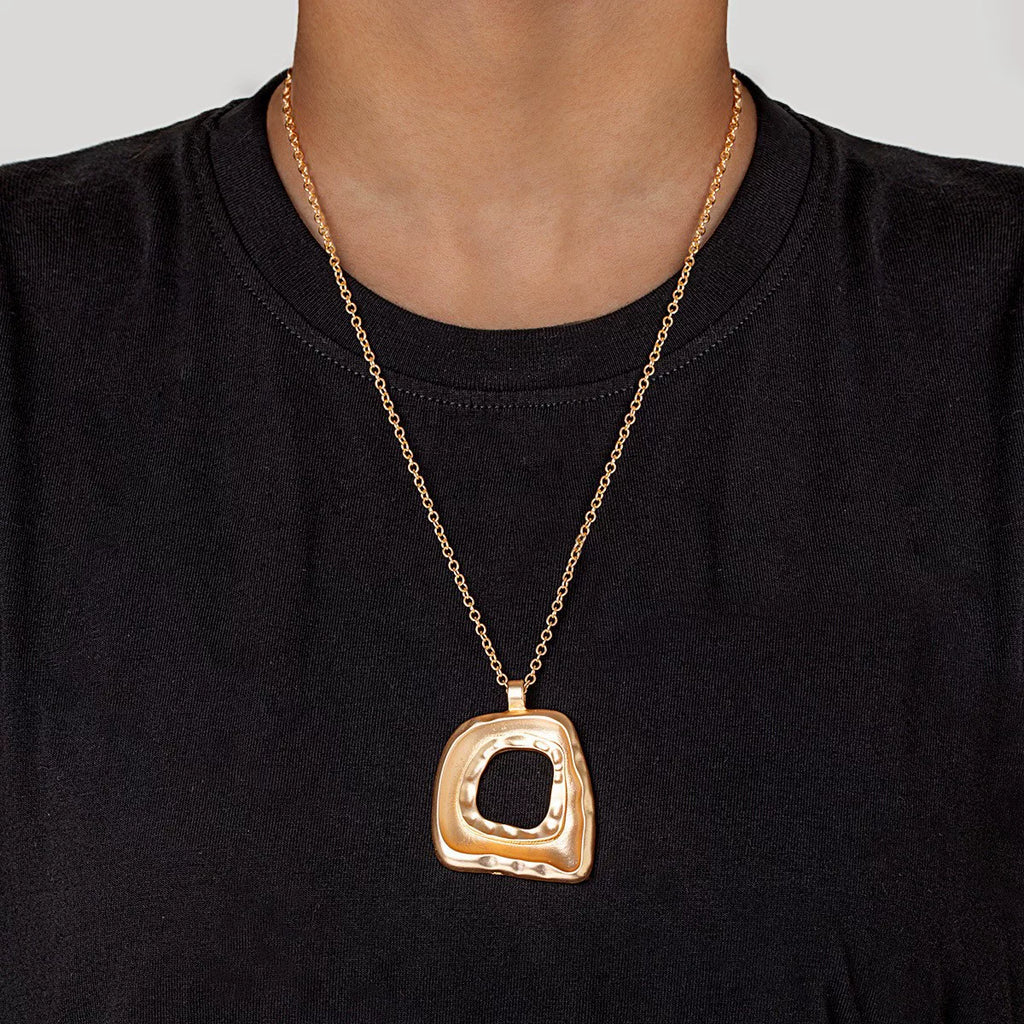 Sculptural Water Drop Quadrilateral CCB Geometric Oversize Pendant Necklace | Alloy | Organic Fluid Dark | Niche Fashion Women
