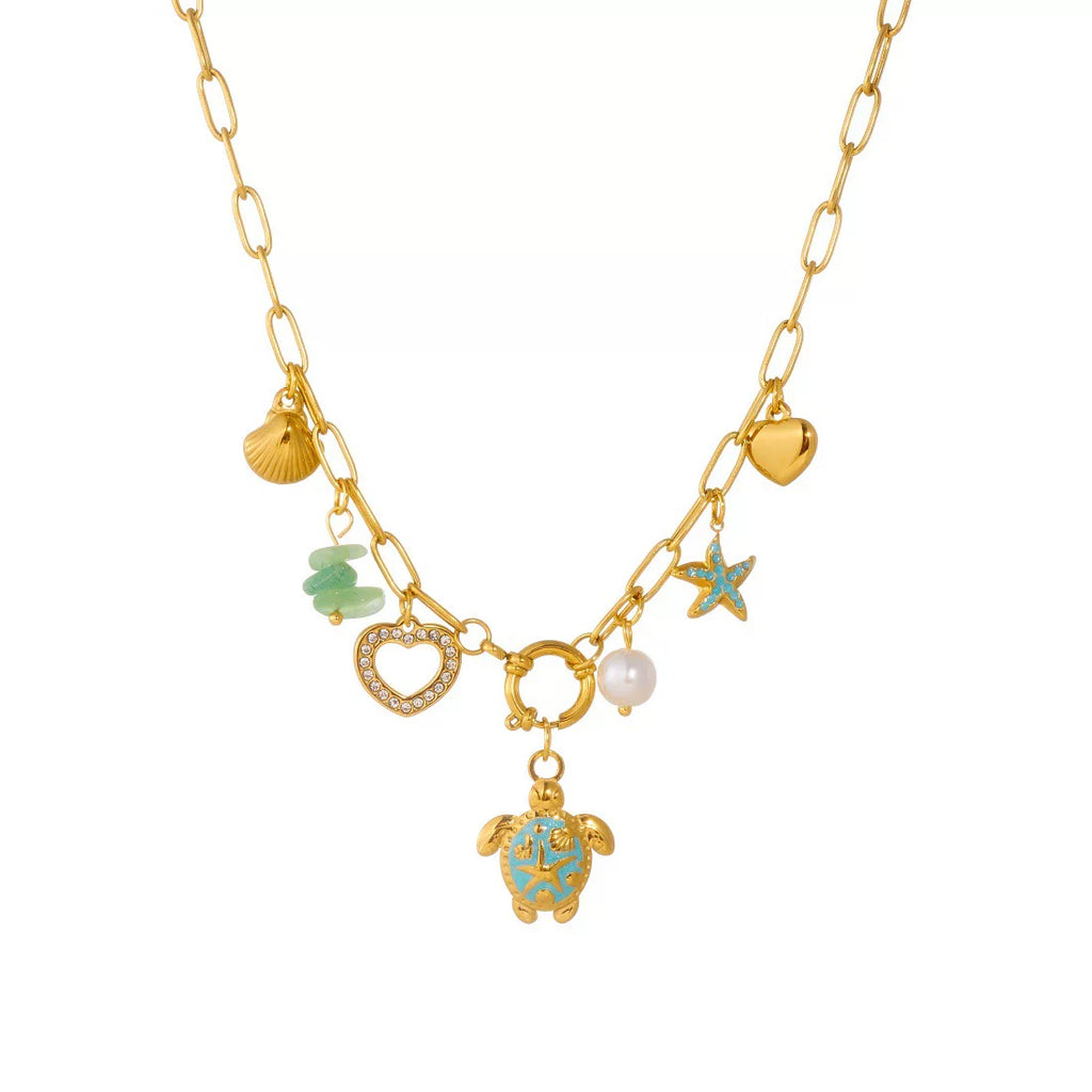 Ocean Enamel Turtle Starfish Scallop Pendant Necklace | 18K Gold Stainless Steel Waterproof tarnish free | Coastal Beach vacation Holiday | Effortless style  French chic