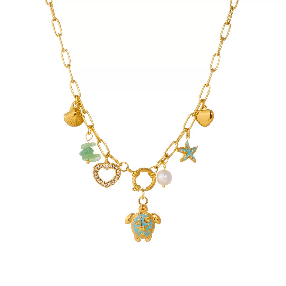 Ocean Enamel Turtle Starfish Scallop Pendant Necklace | 18K Gold Stainless Steel Waterproof tarnish free | Coastal Beach vacation Holiday | Effortless style  French chic