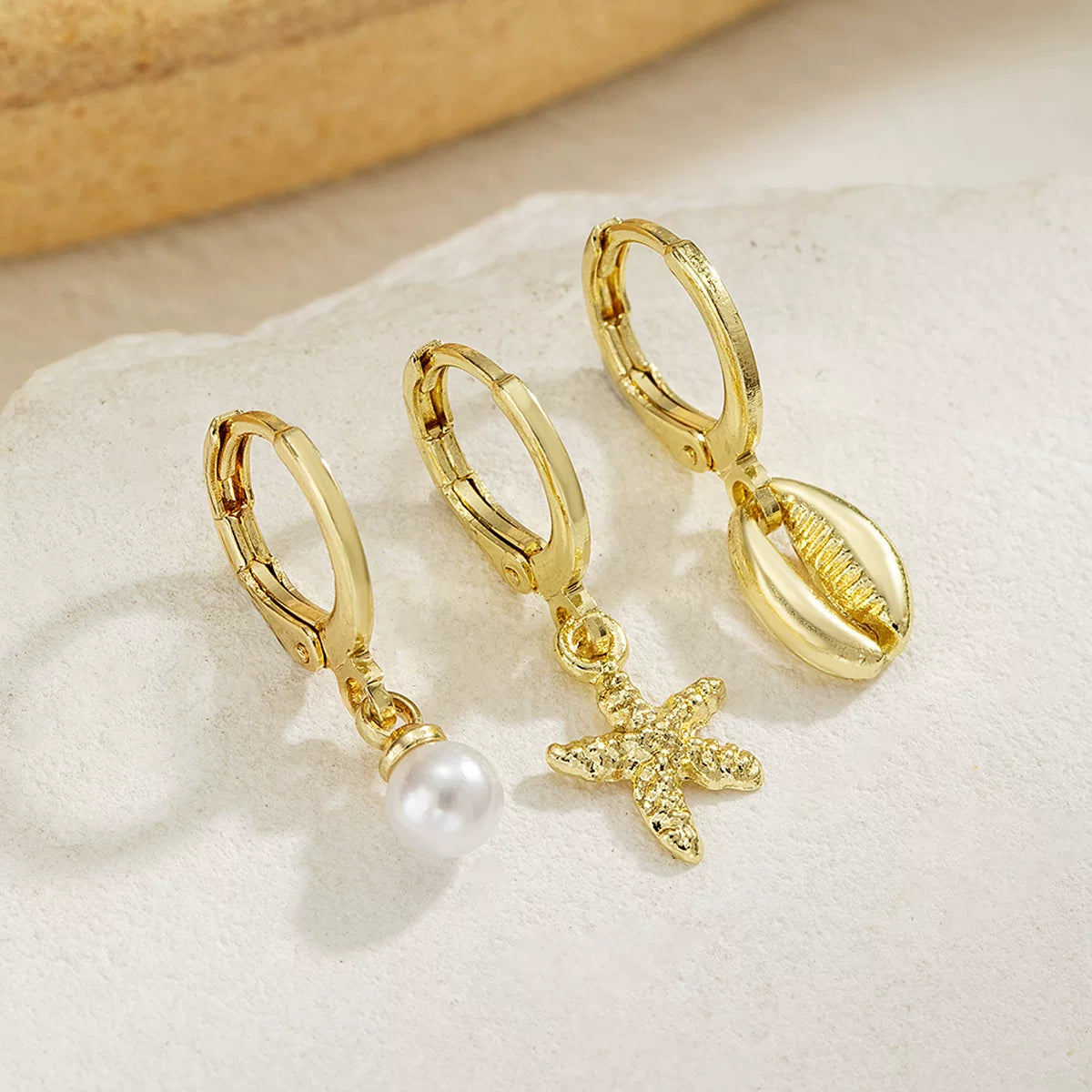 Ocean Pearl Starfish Shell Earrings Multi-piece Set | Alloy Silver Needle | Coastal Holiday Vacation | Beach Fashion Women