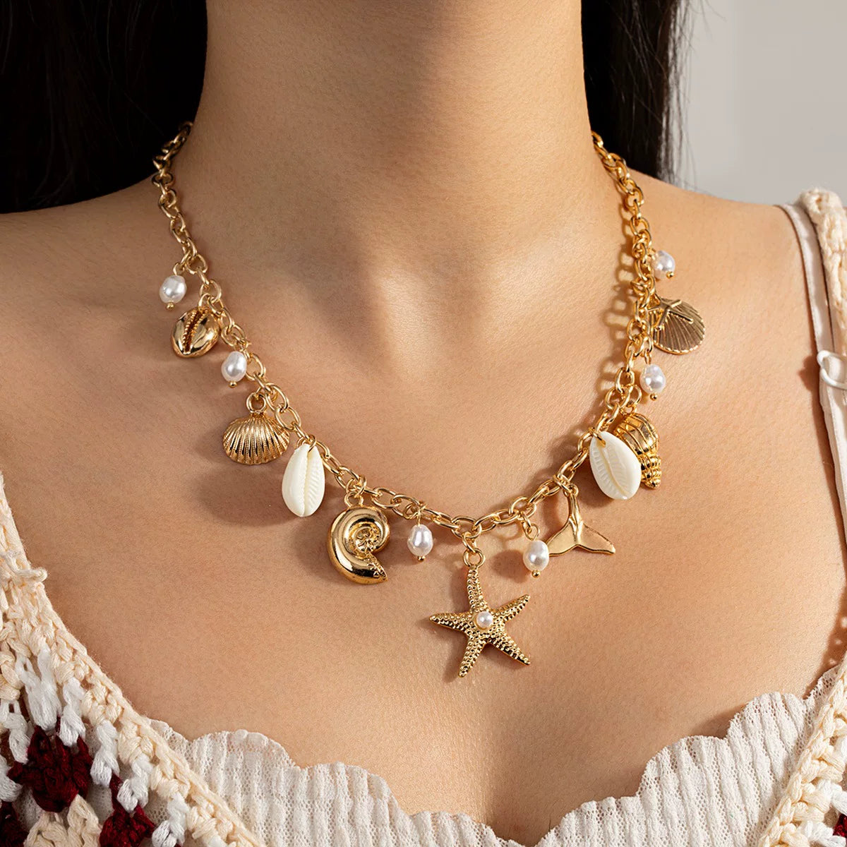 Ocean Starfish Shell Mermaid Tail Pendant Necklace | Enamel Zinc Alloy | Multi pendants Stackable Mix match | Coastal Beach Vacation Holiday Summer vibe | French Chic Fashion Gift  For her