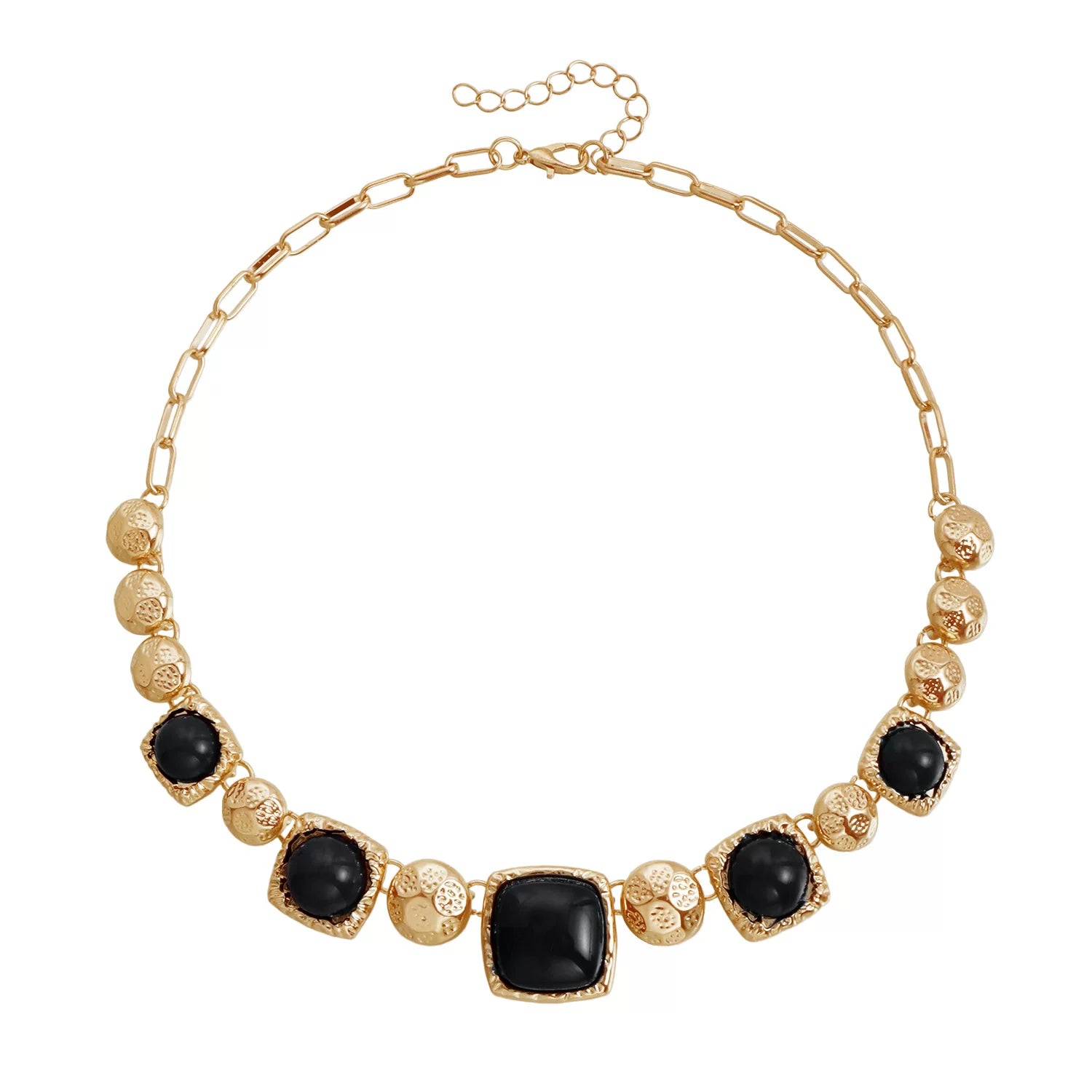 Medieval vintage dark hue bump gold metal multi element polished gold metal faceted colored gemstone geometric square panel necklace light luxury collarbone chain