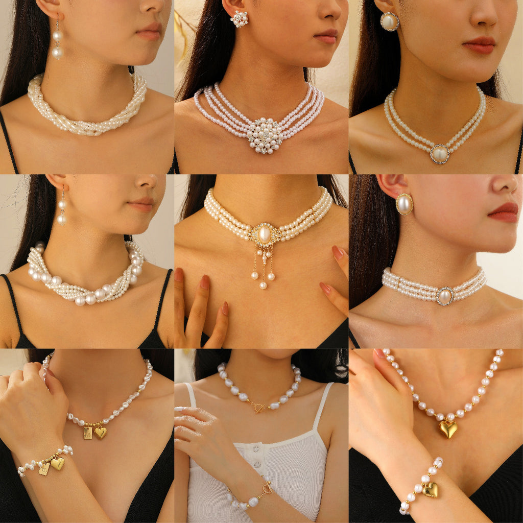 ZAMA DUMA multi-layer pearl jewelry set women's wild raw style creative design V-collar bracelet necklace earrings
