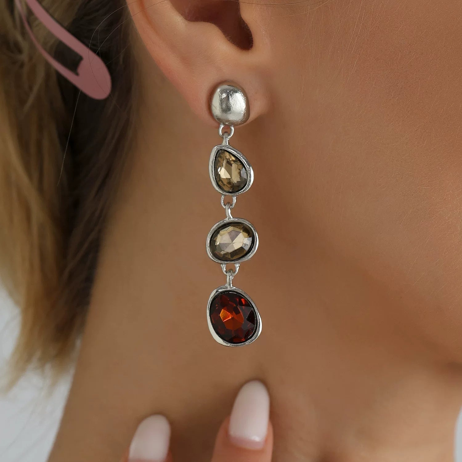 Sculpture style geometric multi panel irregular water drop earrings colored  gemstone minimalist light luxury versatile earrings effortless chic everyday style