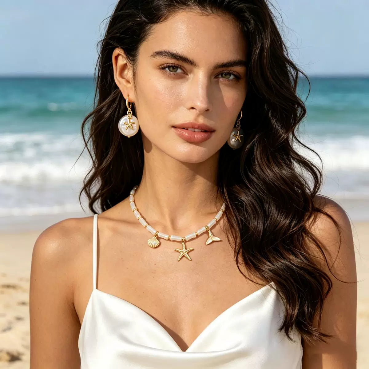Ocean Starfish Pearl Shell Earrings Necklace Set | Alloy | Summer Beach Vacation Coastal | Holiday Fashion Women