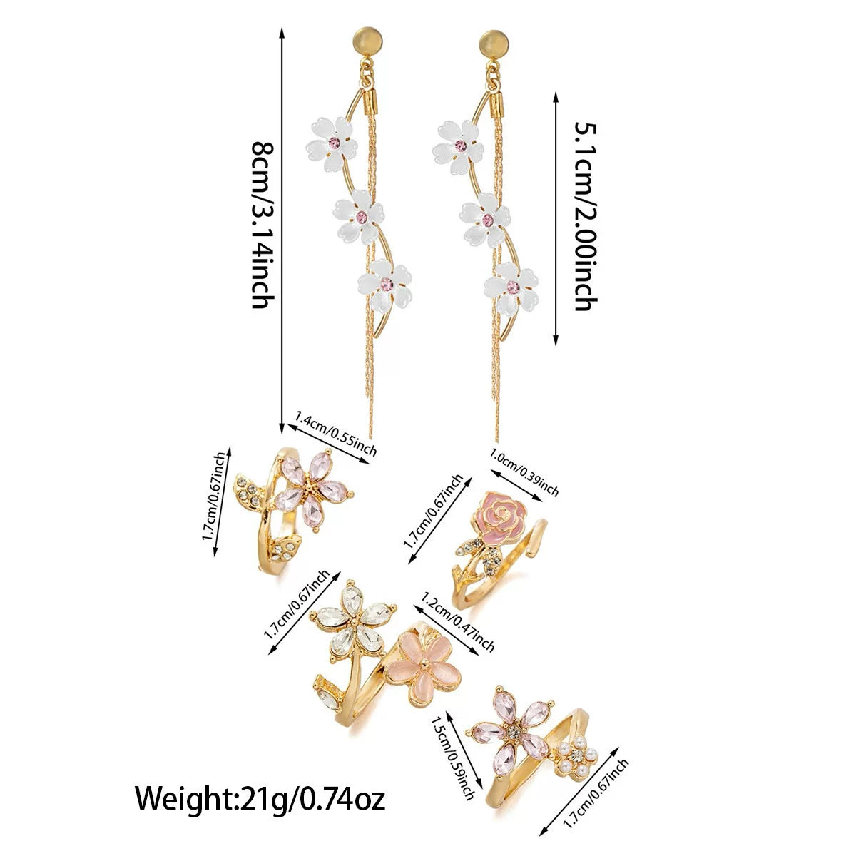 Easyjoy Fresh Wind ABS Imitation Pearl Cute Flower Long Tassel Ladies Commuter Temperament Elegant Earrings Ring