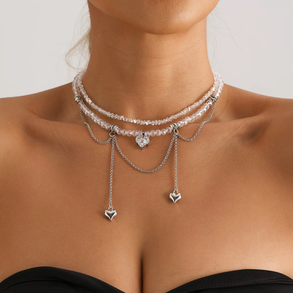 Mixed Elements metal heart pendant Zircon CZ Double Chain Tassel Necklace | Gold Alloy | INS Light Luxury Premium Multi-material | Collarbone Chain Women