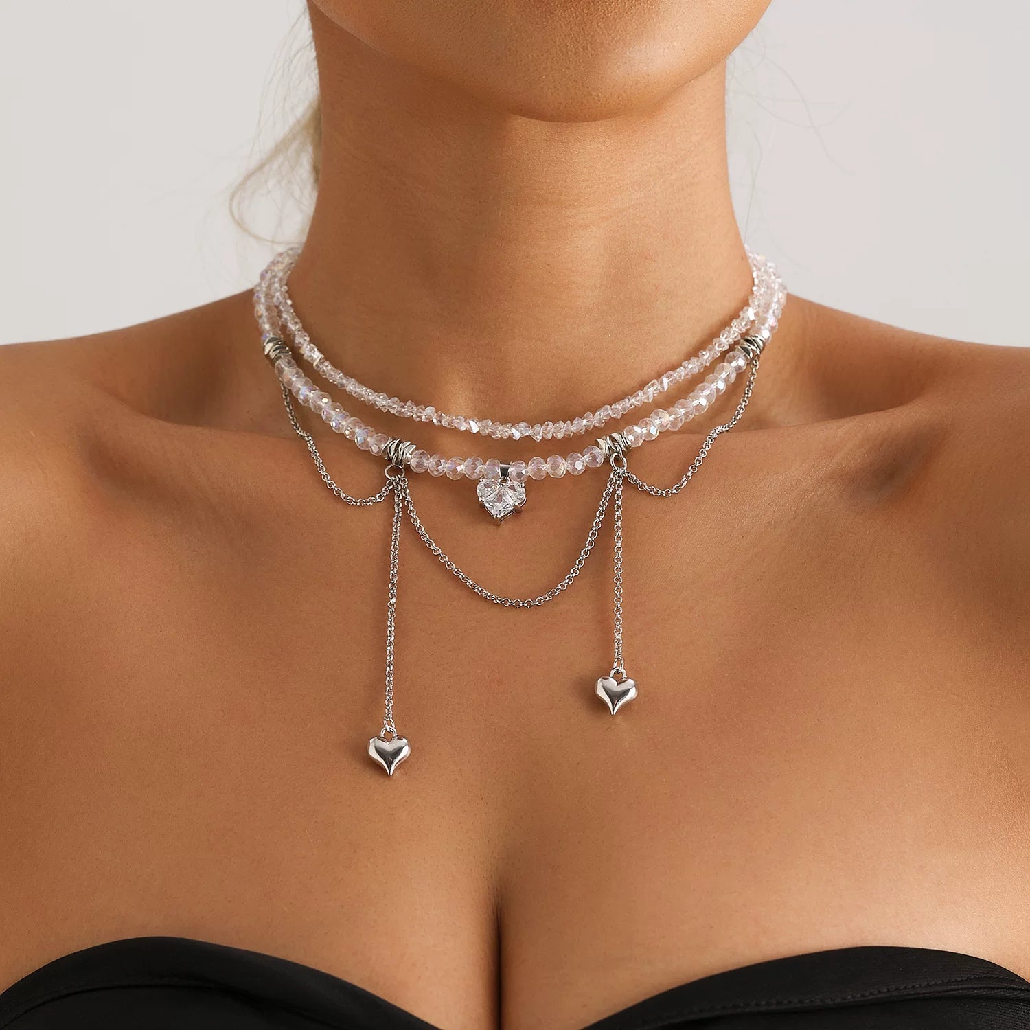 Mixed Elements metal heart pendant Zircon CZ Double Chain Tassel Necklace | Gold Alloy | INS Light Luxury Premium Multi-material | Collarbone Chain Women